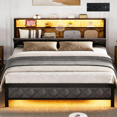 Queen Size Upholstered Bed Frame with LED Lights & Storage Headboard