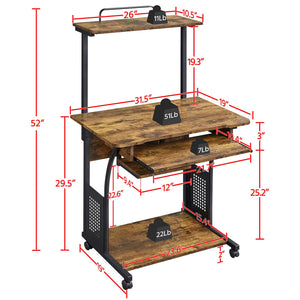 3-Tier Rolling Computer Desk with Keyboard Tray & Printer Shelf