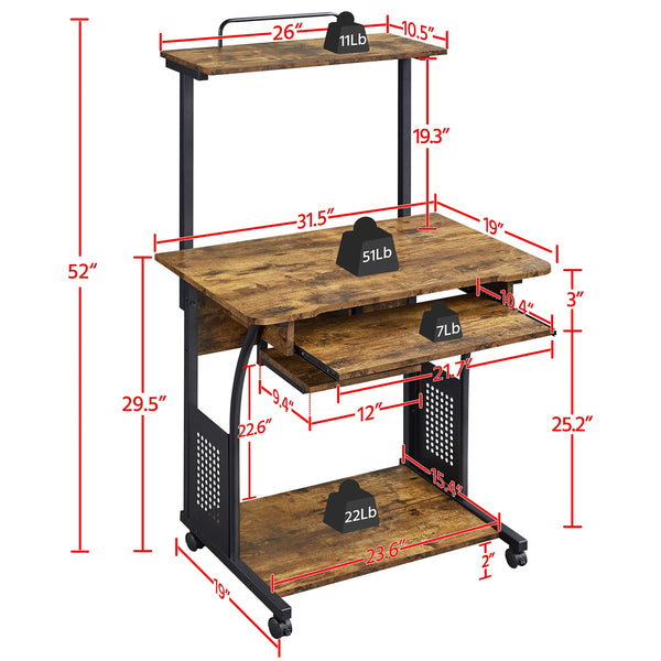 3-Tier Rolling Computer Desk with Keyboard Tray & Printer Shelf