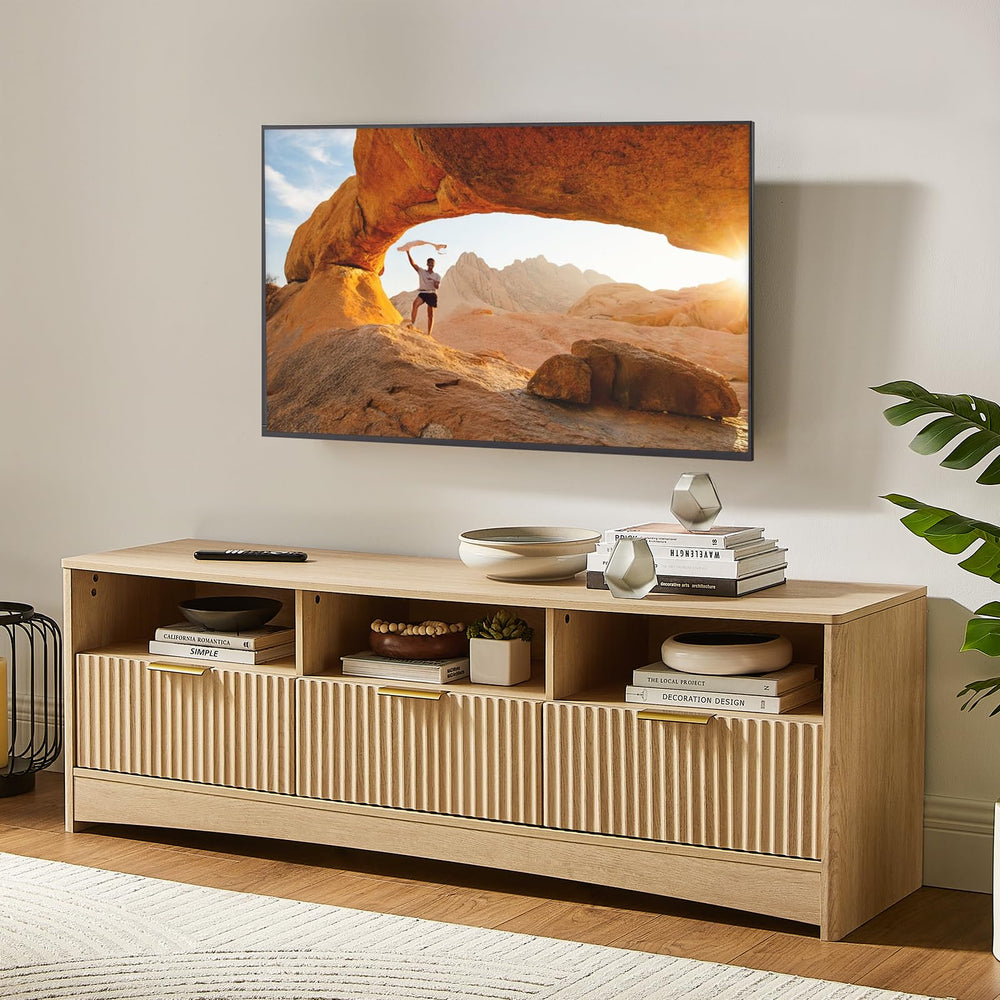 59" Fluted TV Stand with Storage Drawers – Natural Oak