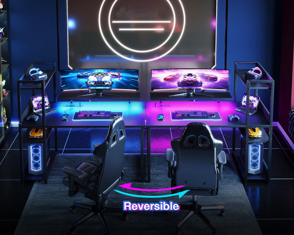 LED Gaming Desk with Storage Shelves & Monitor Stand