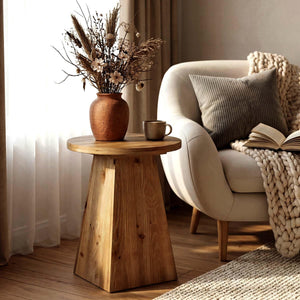 Round Solid Wood End Table with Trapezoid Base
