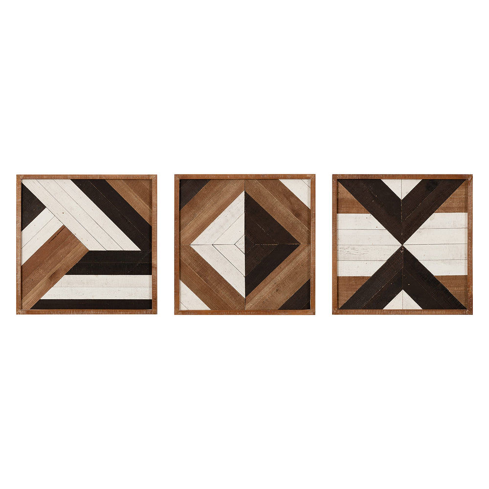 Boho Wood Wall Art Plaque Set of 3 – Geometric Rustic Decor
