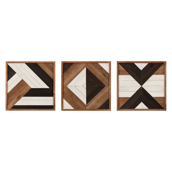 Boho Wood Wall Art Plaque Set of 3 – Geometric Rustic Decor