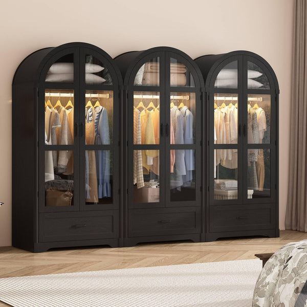 2-Door Arched Armoire Wardrobe with LED Light & Drawers