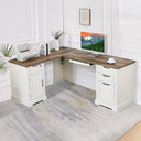L-Shaped Farmhouse Executive Desk with Charging Station, Lockable Drawers & File Cabinet