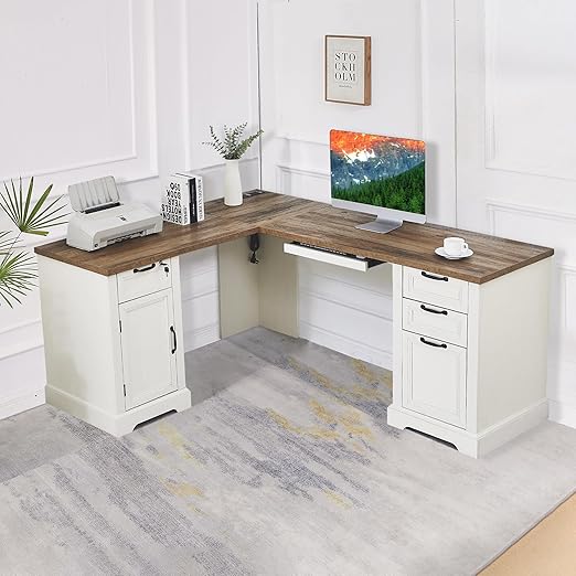 L-Shaped Farmhouse Executive Desk with Charging Station, Lockable Drawers & File Cabinet
