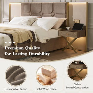 Queen Bed Frame with LED Lights, Charging Ports & Nightstands