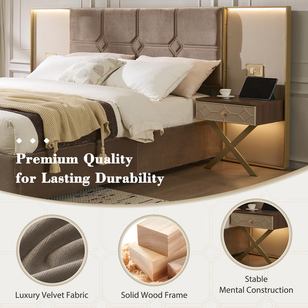 Queen Bed Frame with LED Lights, Charging Ports & Nightstands