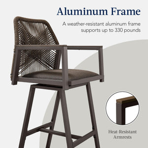 Outdoor Bar Stools Set of 2 – 360° Swivel, Aluminum Frame, Woven Rope, Armrests