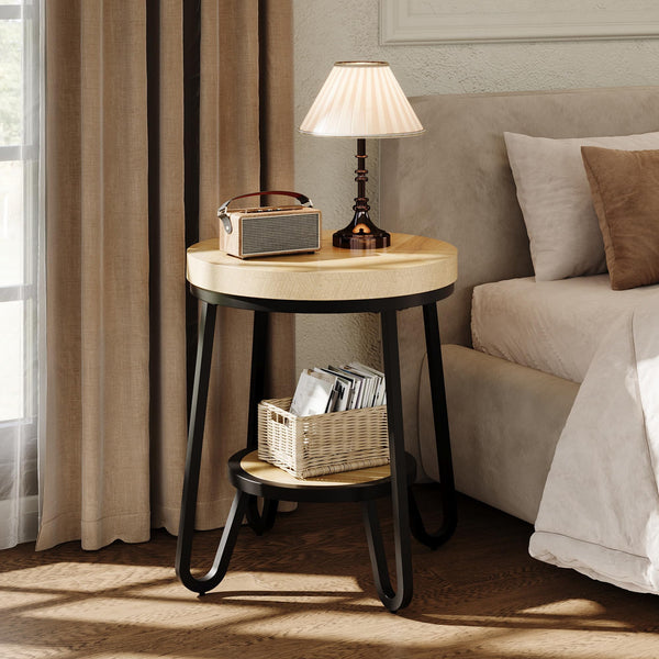 2-Tier Round Side Table with Storage Shelf, 19.7" Wood Tabletop & Curved Metal Legs, Light Brown