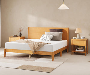AMERLIFE 3 Piece Bedroom Set Includes Solid Wood Queen Platform Bed Frame with Headboard and 2 Nightstands with Spindle-Turned Legs, Mid Century Modern Bedroom Furniture, Natural