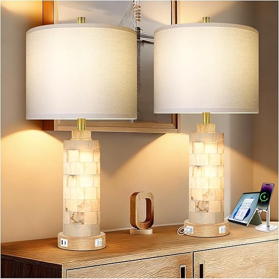 Alabaster Table Lamps Set of 2 with USB Ports, Night Light & Linen Shade