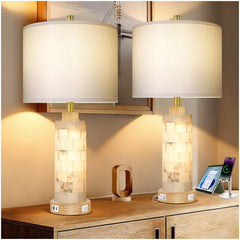 Alabaster & Wood Table Lamp Set of 2 with USB Ports & Night Light