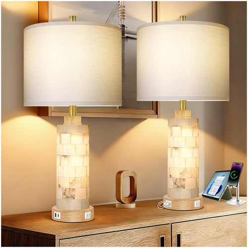Alabaster & Wood Table Lamp Set of 2 with USB Ports & Night Light