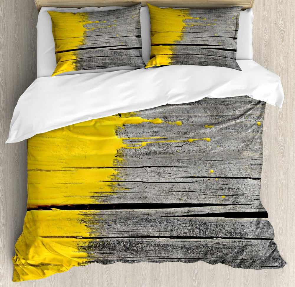Queen Duvet Cover Set – Yellow Grey Brushed Microfiber 3-Piece Bedding Set with Pillow Shams
