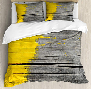 Queen Duvet Cover Set – Yellow Grey Brushed Microfiber 3-Piece Bedding Set with Pillow Shams