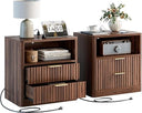 Fluted Nightstand Set of 2 with Charging Station, Drawers & Open Shelves