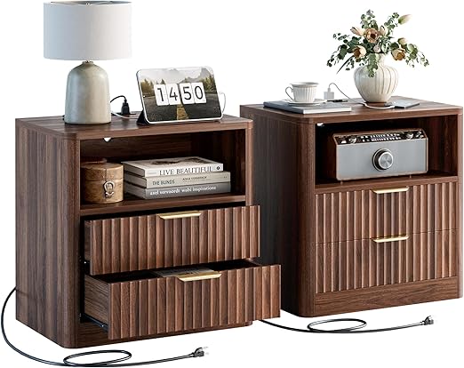Fluted Nightstand Set of 2 with Charging Station, Drawers & Open Shelves