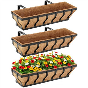 Iron Railing Planter Box with Coco Liner & Support Rod