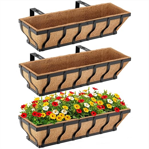 Iron Railing Planter Box with Coco Liner & Support Rod