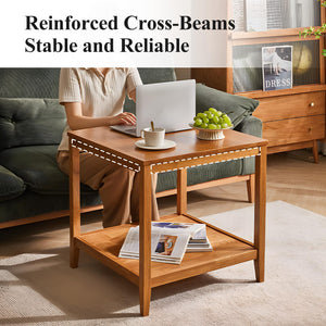 Solid Wood Square End Table with 2-Tier Storage Shelf