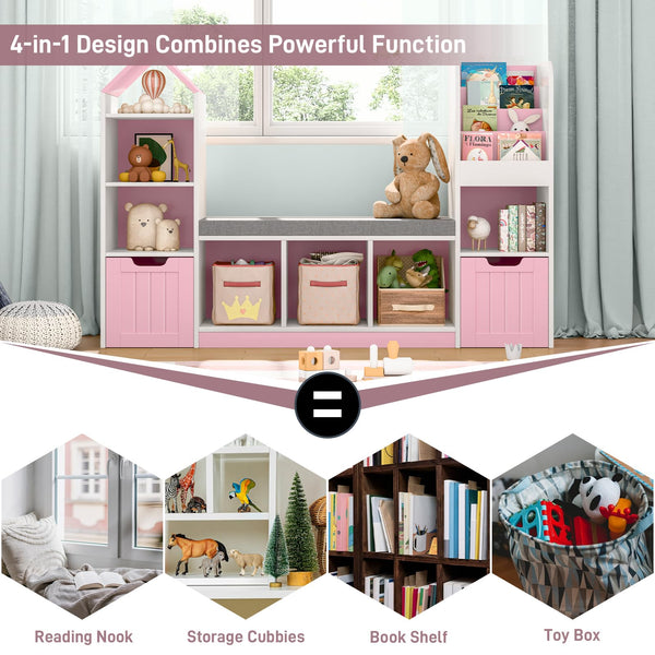 Kids Bookcase with Reading Nook – 7 Cubbies, 2 Drawers & Seat Cushion