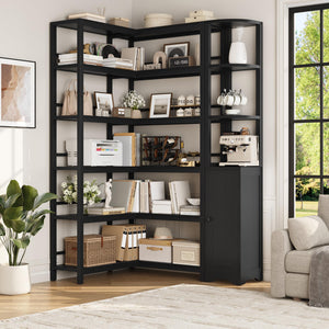L-Shaped Corner Bookshelf with Cabinet, 6-Tier
