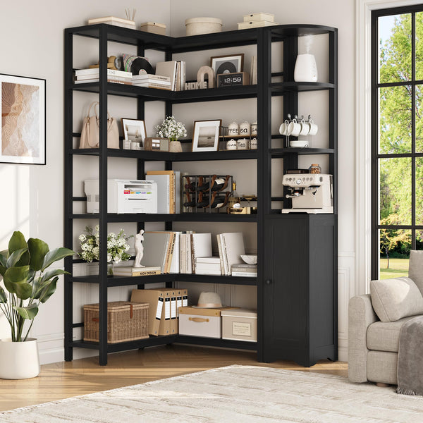 L-Shaped Corner Bookshelf with Cabinet, 6-Tier