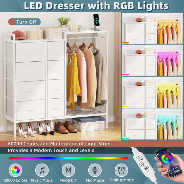 8-Drawer Dresser with Hanging Rack & LED Lights