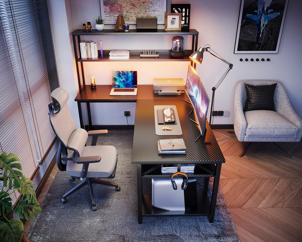L-Shaped Gaming Desk with Hutch & Storage Shelves