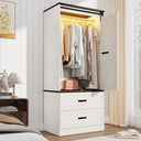 Farmhouse Sliding Door Wardrobe with LED Light & Drawers