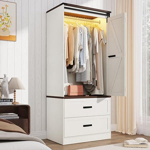 Farmhouse Sliding Door Wardrobe with LED Light & Drawers