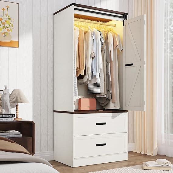 Farmhouse Sliding Door Wardrobe with LED Light & Drawers