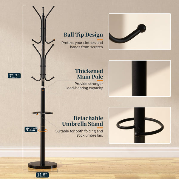 Freestanding Coat Rack with Marble Base & 12 Hooks