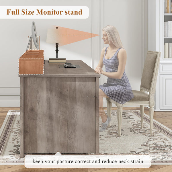 63" Farmhouse Executive Desk with Drawers, Storage Cabinet & Monitor Stand