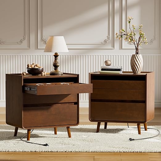 Walnut Nightstand with Charging Station & Drawers