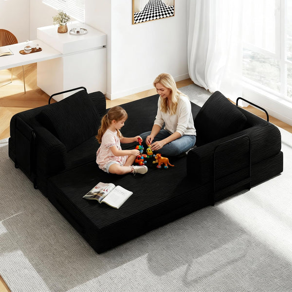 Convertible Sofa Bed with Side Pocket & Corduroy Fabric
