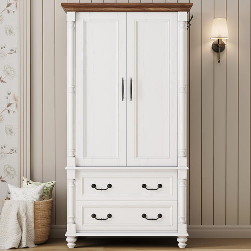 Farmhouse Armoire Wardrobe with 2 Doors & 2 Drawers – Freestanding Bedroom Closet Cabinet