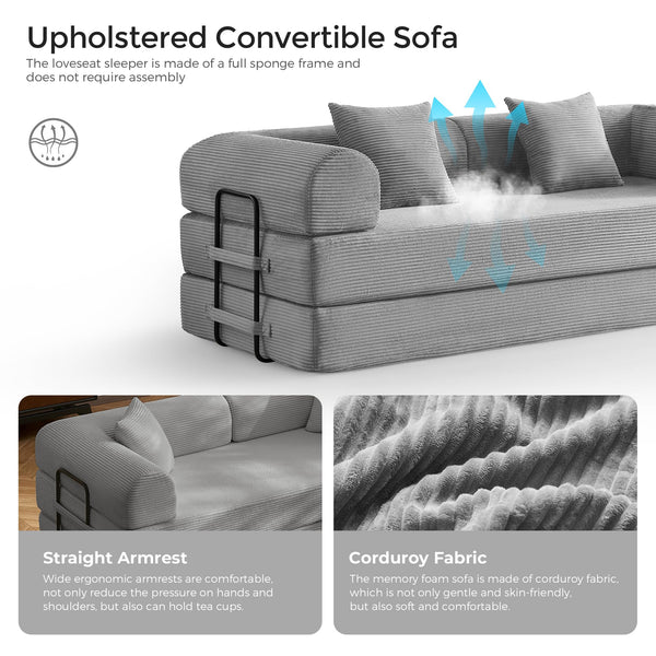 SAVENICA 79" Convertible Floor Sofa Bed, 5-in-1 Modular Sleeper with Removable Parts, No Assembly Corduroy Futon from Sofa to Oversized Bed, Non-Slip Base for Living Room, Dorm (Light Gray)