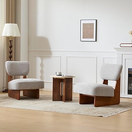 Armless Lounge Accent Chair Set of 2 – Fabric Upholstered, Solid Wood Frame