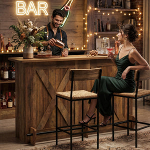Farmhouse Bar Table with Storage Shelves & Footrest