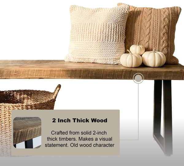 Rustic Wood Entryway Bench with Metal Base