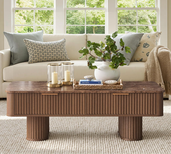 Fluted Coffee Table with Storage & Faux Marble Top