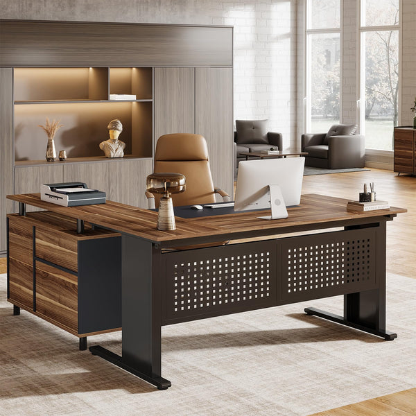 L-Shaped Executive Desk with File Cabinet and Storage Shelves