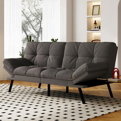 Convertible Futon Sofa Bed – Grey Linen with Adjustable Backrest & Armrests