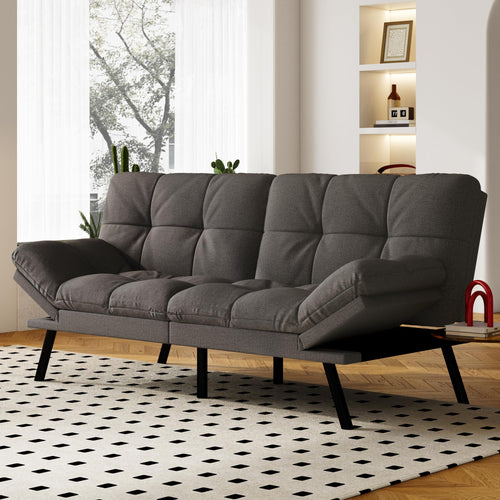 Convertible Futon Sofa Bed – Grey Linen with Adjustable Backrest & Armrests