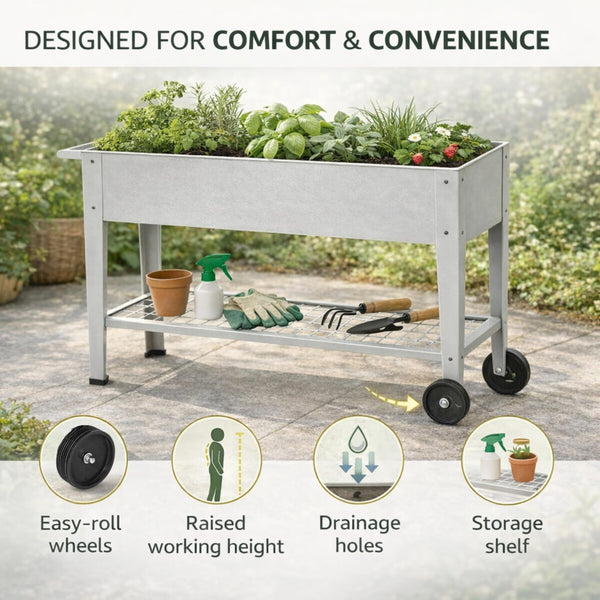 40" Raised Garden Bed with Wheels & Storage Shelf – Metal Planter Box