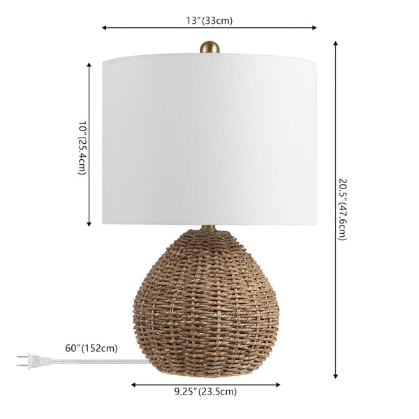 Brown Rattan LED Table Lamp with White Linen Drum Shade