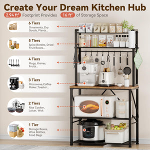 5-Tier Kitchen Baker's Rack with Storage, S-Hooks & Paper Towel Holder – Rustic Brown